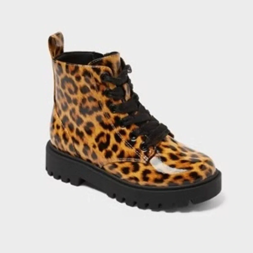 Kids Leopard‎ Print Patent Combat Boots Zip Up Lug Sole Ankle Boots Size 4